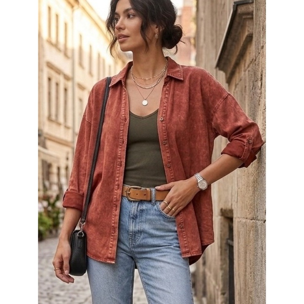 Umgee Linen Blend Mineral Wash Button Down Shirt Rust Red Oversized Large R0107
